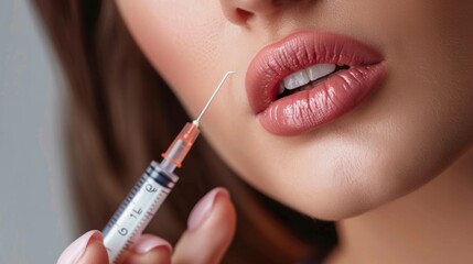 beautiful lips of a girl injecting for natural increase in lip thickness in high resolution and high quality. Concept of injections, implants, augmentation, thickness