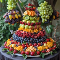 Fruit cake with a variety of fruits on a table in the garden