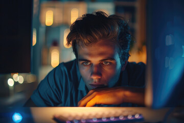 Young man reading confusing email on desktop at night
