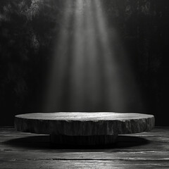 smooth black wood table, vacant studio product stage, and empty dark product stage