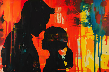 Close-up of a father and daughter in a pop art setting, their silhouettes clashing against a backdrop of turmoil