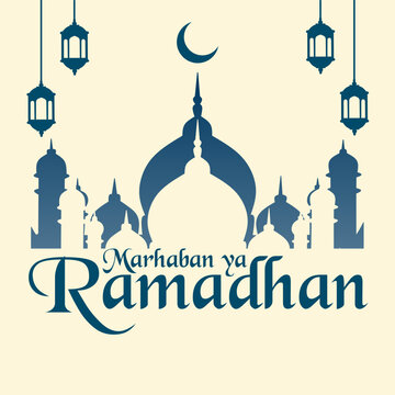 Marhaban ya ramadan greeting card, islamic decoration template with mosque silhouette and lantern ornament isolated on cream background