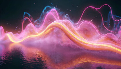 Obraz premium 3d render abstract futuristic background with blurry glowing waves and neon lines shiny smoke glitter fluid ink water.