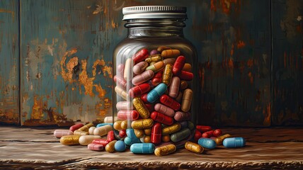 Colorful pills in a glass jar on wooden table over grunge background