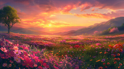 a colorful field of flowers is seen at the sunset - obrazy, fototapety, plakaty