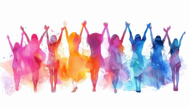 colorful silhouettes of women with their arms in the air