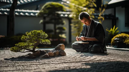 Papier Peint photo autocollant Pierres dans le sable A Japanese man in black traditional attire, seated on the ground of an ancient temple courtyard, writing with ink and brush, surrounded by bonsai trees and stone sand, creating a peaceful atmosphere.