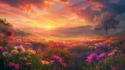 a colorful field of flowers is seen at the sunset - obrazy, fototapety, plakaty