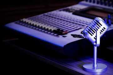 retro microphone and digital audio mixer console. recording, broadcasting concept - 753086696
