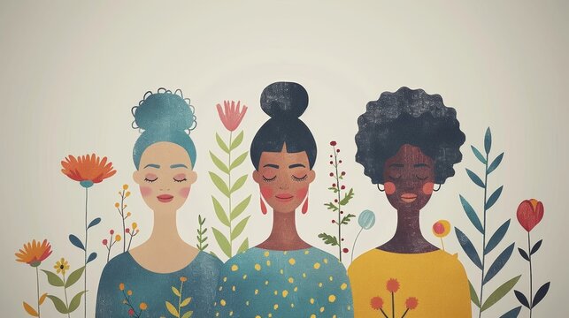 Three smiling women with diverse hairstyles surrounded by colorful plants illustration. Unity in diversity and beauty concept for design and print.