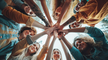 A group of young people holding hands in a circle, showing unity and support for each other's dreams and goals. - obrazy, fototapety, plakaty