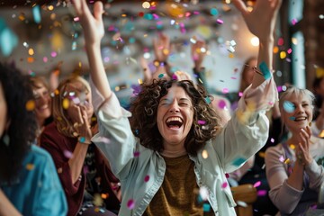 A joyful scene of cancer survivors celebrating at a support group meeting