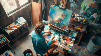 Young female artist painting in her studio, wide angle shot from above, with a paintbrush and...