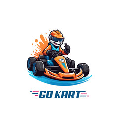Karting Vector Mascot logo design template. Go Kart racing illustration in colorful design, good for event logo, t shirt design and racing team logo. cartoon fun racing logo illustration - obrazy, fototapety, plakaty