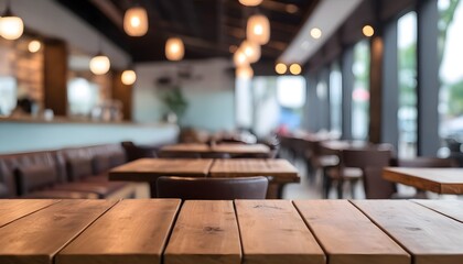 Lofty chill modern restaurant with wooden table and Depth of field , blurred background - obrazy, fototapety, plakaty