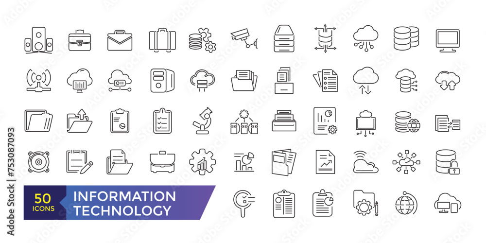 Poster information technology machine learning, data analysis thin line icons set vector illustration. outl