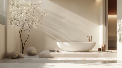 Contemporary bathroom with a freestanding tub and natural decor. Interior design and luxury home concept.