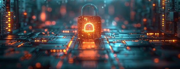 Digital security concept dark network with a logo over a lighted padlock