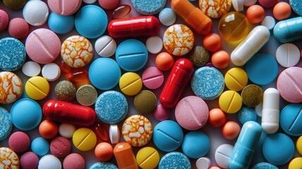 Fototapeta na wymiar Pills background. Top view of many colorful pills