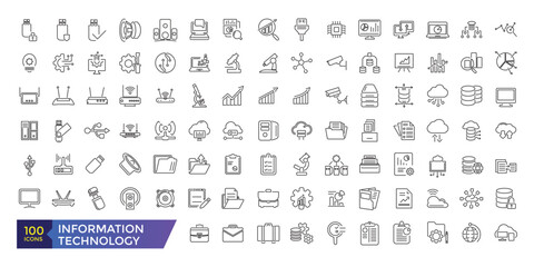 Fototapeta na wymiar Information technology Machine learning, data analysis thin line icons set vector illustration. Outline algorithms and automatic smart processes icon collection.