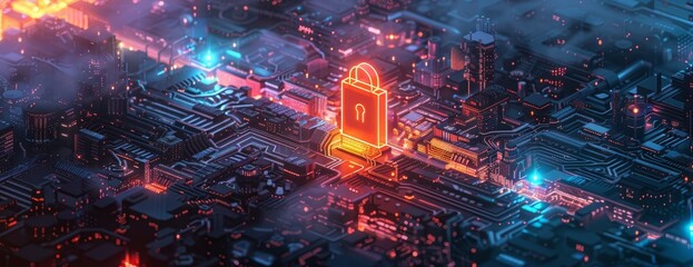 Digital security concept dark network with a logo over a lighted padlock