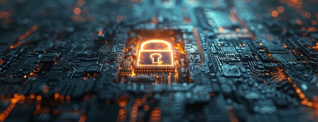 Digital security concept dark network with a logo over a lighted padlock