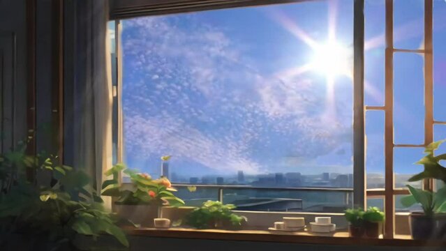 Interior view of a cozy home with expansive glass windows overlooking the clear blue sky. Seamless looping 4k timelapse virtual video animation background generated AI 