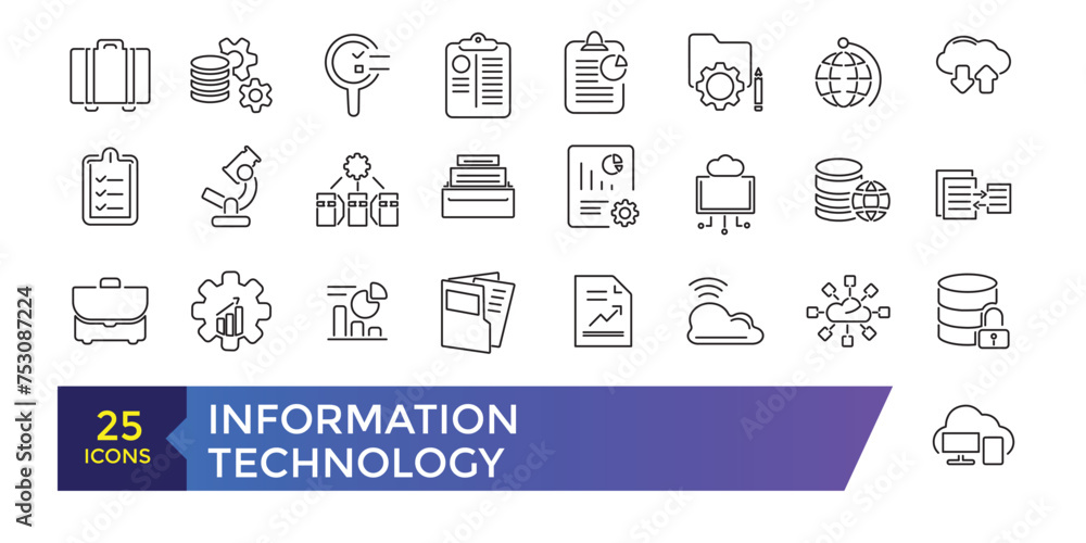 Poster information technology machine learning, data analysis thin line icons set vector illustration. outl