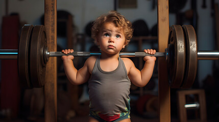 a child lifting weights, baby exercising, sports concept