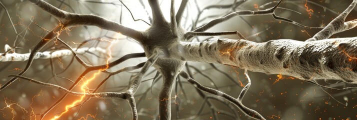 Close up of human brain with active neurons firing and intricate neural connections in detail.