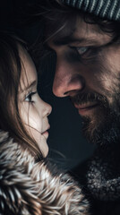 Father and daughter in a close-up, minimalist shot, where the cold lighting mirrors their frosty relationship