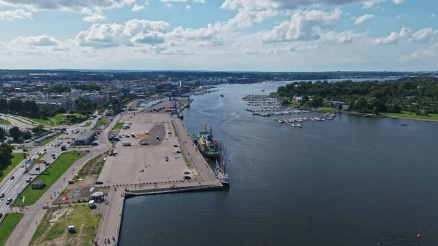 Aerial drone view of Icebreaker Stephan Jantzen , Unterwarnow river in Rostock , Germany