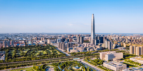 Aerial photo of the skyline of Chow Tai Fook Financial Center in Binhai New Area, Tianjin, China