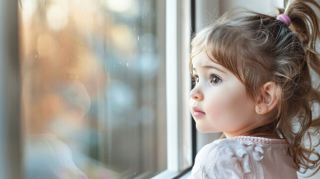 oung toddler girl kid looking through the window at home with copy space