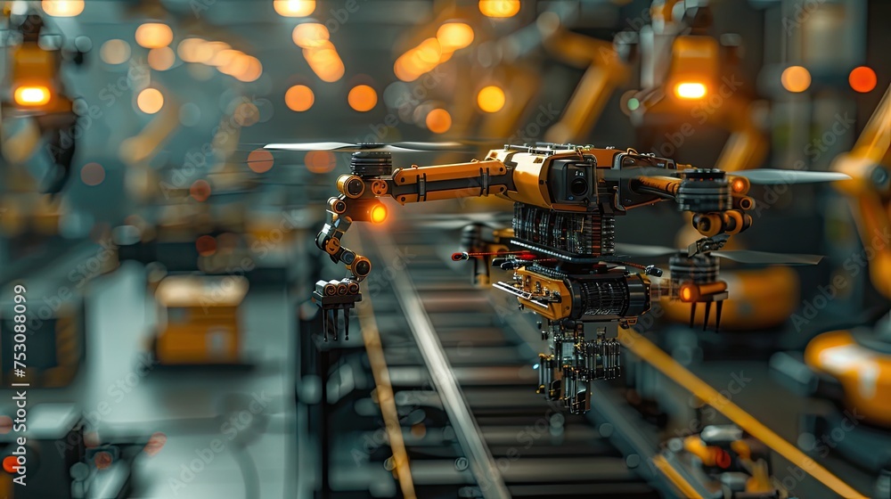 Poster robotic arm in industrial setting performing precise operations