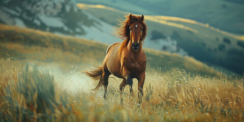 Beautiful horse galloping across a lush green field with majestic mountains in the background on a sunny day