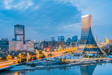 Night View of Skyline Architecture in Chengdu, Sichuan, China, European Central City