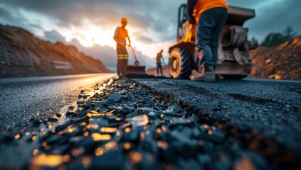 men are working on a road, repairing the asphalt - obrazy, fototapety, plakaty