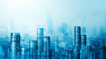 stacks of coins against a backdrop of a digitally enhanced cityscape with glowing lights and stock market graphs, symbolizing financial growth and digital investment.