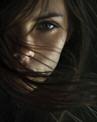 Closeup portrait of an attractive woman with her long hair blowing in the wind, dark settings.