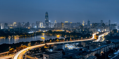 Night View of Daming Lake and Urban Viaduct Skyline in Jinan, Shandong, China