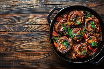 Traditional Italian dish Ossobuco all Milanese made with cut veal shank meat with vegetable tomato sauce served in black casserole pan top view on rustic brown wooden background.  - obrazy, fototapety, plakaty