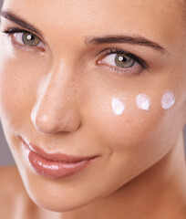 Face, cream and skincare with woman in portrait in studio, moisturizer and dermatology for beauty....