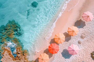 Fototapeta premium Top-down view captures a pristine beach scene with a collection of pastel-colored sun umbrellas