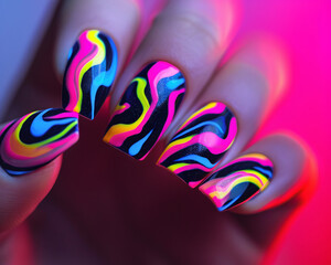 Neon lights nail design, vibrant colors, electric patterns, matte effect. Glamour woman hand with nail polish on her fingernails. Nail art and design.