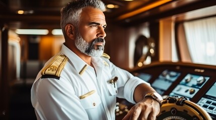 Cruise ship captain in control room overseeing navigation officer during cargo operations - obrazy, fototapety, plakaty