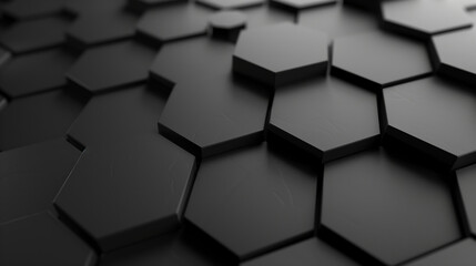 3D Black Hexagon Tiles Close-Up Texture. Close-up view of 3D black hexagon tiles with a dynamic texture and depth, perfect for modern design backgrounds.