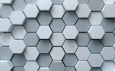 Modern Hexagonal Pattern Design. A directly front-facing abstract with a neat arrangement of 3D hexagons in monochrome shades.
