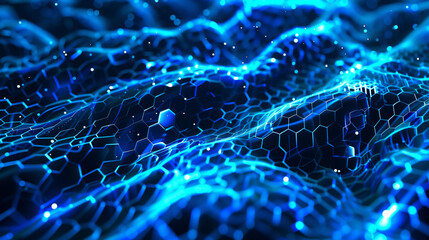 Dynamic Hexagonal Energy Waves. Abstract blue waves with hexagonal patterns shimmering with energy