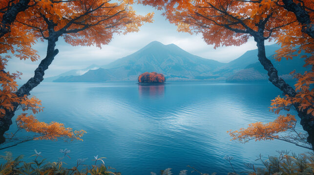 View of lake toya, framed by autumn trees in the evening, and volcanic island in the middle of the lake, abuta, hokkaido, japan, asia.